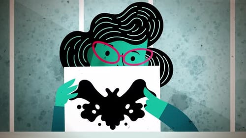 entrevista de trabajo con un entrevistador que muestra una prueba de rorschach y un candidato que ve una mariposa