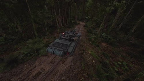 Military Tank Navigates Through Dense Jungle Landscape on Rugged Terrain