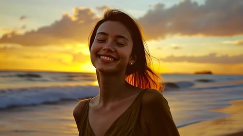 Smiling woman at sunset beach (1)