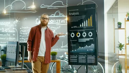 Male Developer Looks at Interactive Whiteboard with Mock-up Green Screen. He Points at Display with