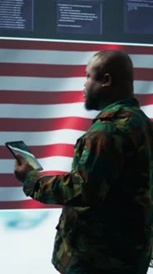 Vertical Video American Military Intelligence Officers in Command Center Monitor Surveillance