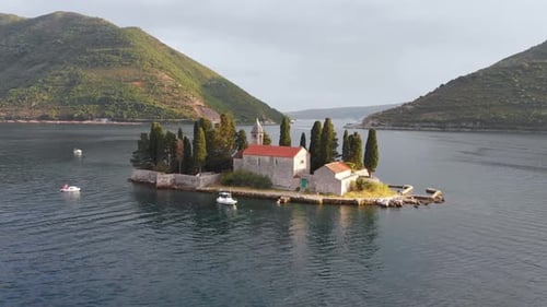 Aerial View of Lady of Tickle Church or Gospa Od Skrpjela in Perast Montenegro
