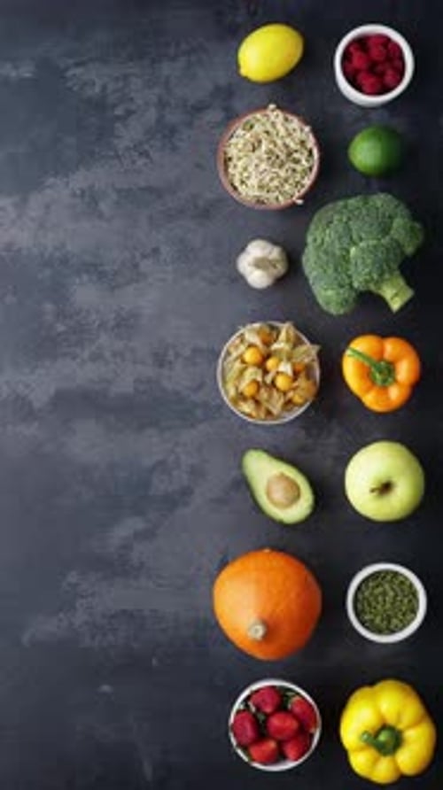 Vibrant Fruits and Vegetables Neatly Arranged