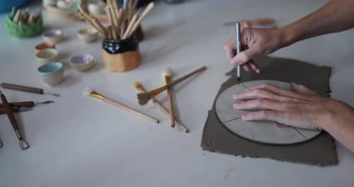 Hands View Of Woman Making Ceramics Objects Inside Creative Pottery Studio - Art And Workshop