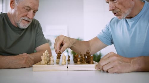 Senior Men Playing Chess Game Together Indoors