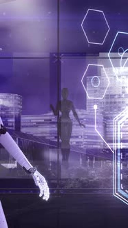 Futuristic Robot Interacting with Holographic Scientific Interface