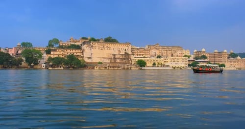 Ghat and Udaipur City Palace on Lake Pichola Rajput Architecture of Rajasthan Udaipur India