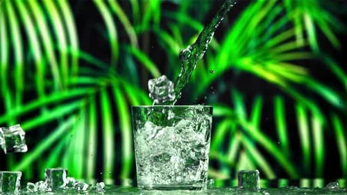 Water with Ice Cubes is Poured Into the Glass Filmed on a Highspeed Camera at 1000 Fps