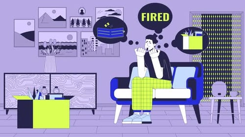 Dismissed caucasian man sitting at home line cartoon animation