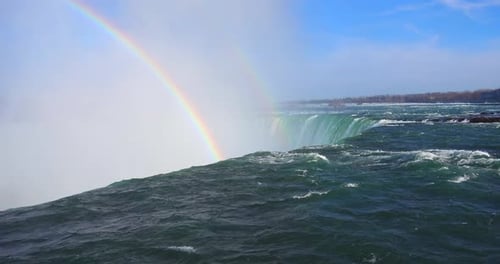 4K Niagara Falls Mist Cloud Waterfall Water Flowing Over Edge Rainbow