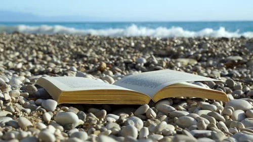 Buchblatt, das von einer leichten Brise am Strand mit blauem Meereshintergrund in den Sommerferien gewellt wird