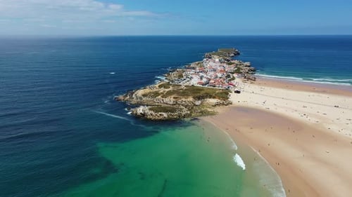 Aerial view of island Baleal naer Peniche on the shore of the ocean in west coast of Portugal. Balea