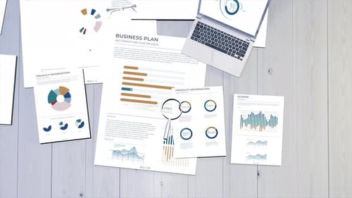 Animated Workspace with Laptop and Business Charts