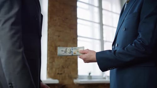 Businessman Giving Money Partner at Office Meeting Close Up