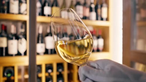 Gros plan d'un verre de vin tenu par un sommelier dans un restaurant italien