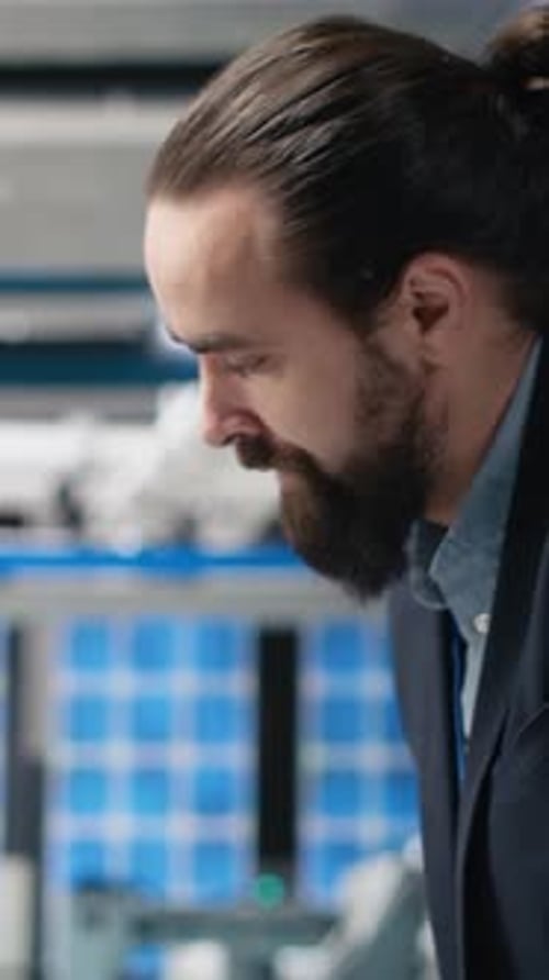 Técnicos de vídeo vertical y empresarios examinan la producción de paneles solares en una instalación de alta tecnología