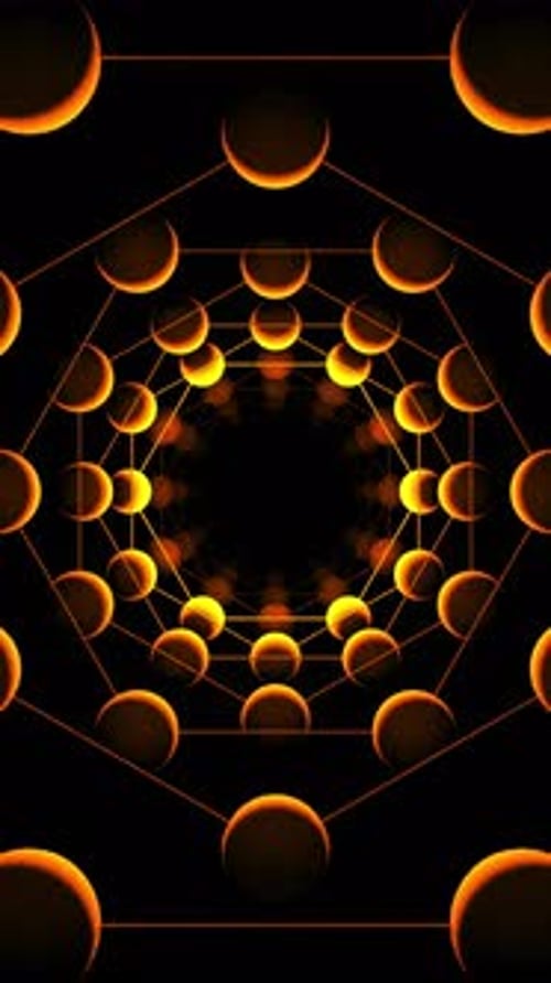 Túnel esférico que se enrosca en la oscuridad con formas hexagonales arremolinadas y un profundo encanto central