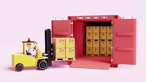 3D Animation of Forklift Loading Boxes into Shipping Container