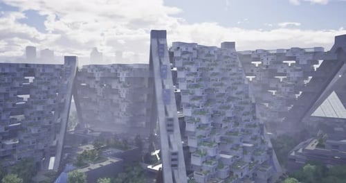 Aerial Fly Through of a Futuristic Green Cityscape