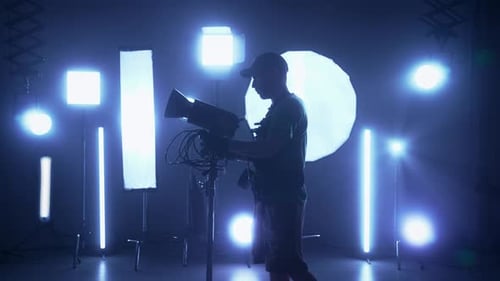 Professional Filming Pavilion with Lighting Equipment Backstage