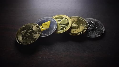 Crypto Currency Coins Lined Up Close Up Shot