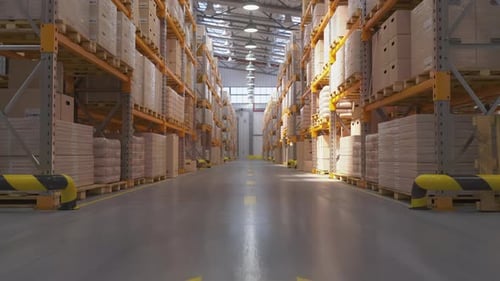 Retail Warehouse and Row of Shelves with Goods in Card Board Boxes Delivery Storage and Logistic