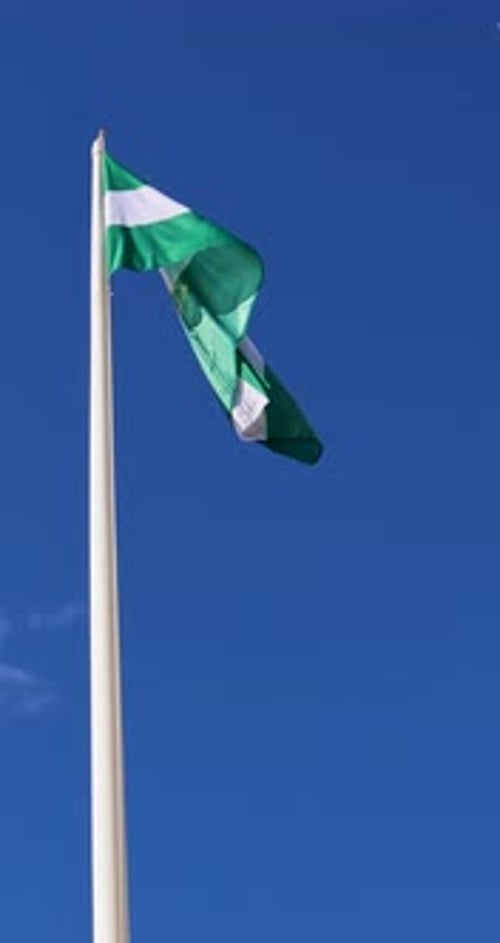 Green and White Flag Waving Against a Blue Sky