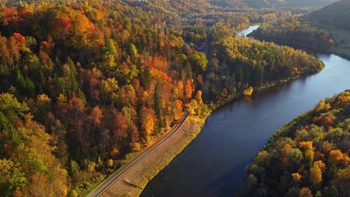 Beautiful river between autumn colored forests, magical landscape with colorful trees, aerial