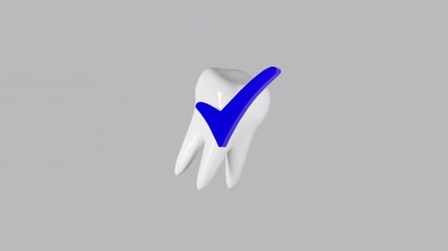 Blanqueamiento dental y marca de verificación azul. Animación de renderizado 3D para clínicas dentales.
