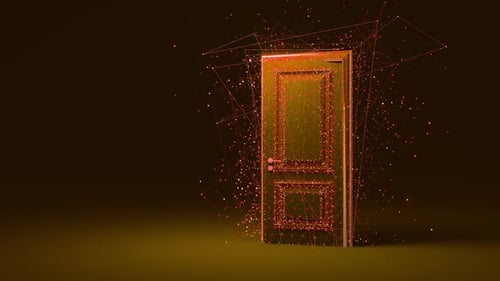 Mysterious door opening to bright light in dark room