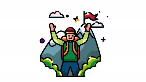 Flat Design Hiker Celebrating Achievement on Mountain Peak Animation