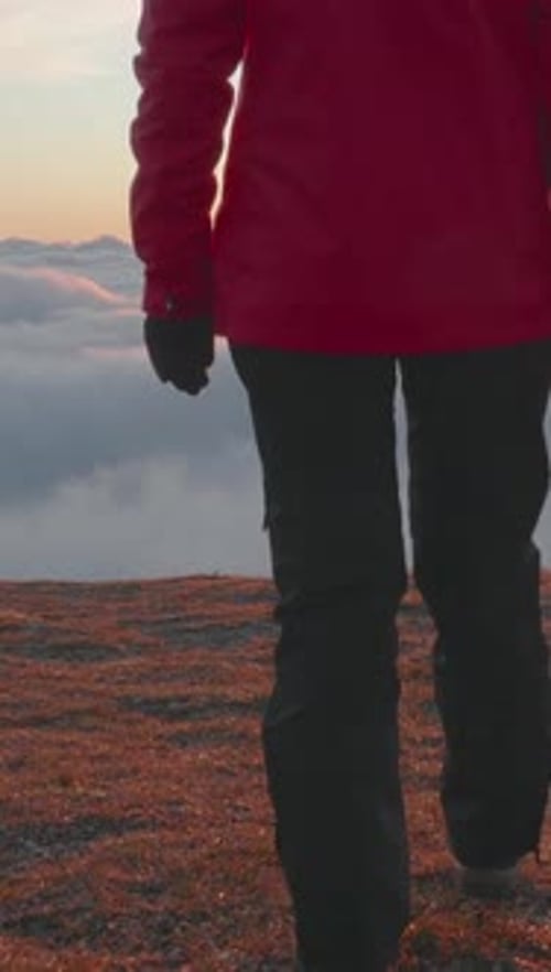 Woman Walking Towards Mountain Sunrise, Cloud Valley