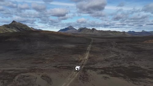 Aerial view of highlands landscape with vehicle, Iceland.