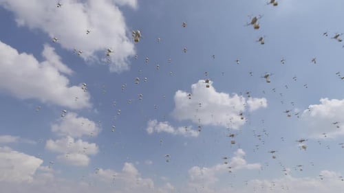 Hunderte von Schiffsdrohnen fliegen mit Paketen daran; die Zukunft der Schifffahrt, CGI