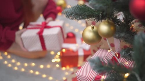 Woman with Christmas Gifts Under Decorated Christmas Tree