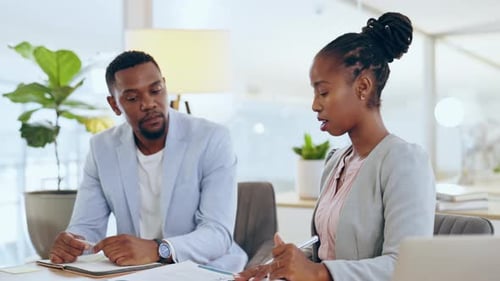 Business people, writing and meeting with documents for schedule, planning or strategy at office