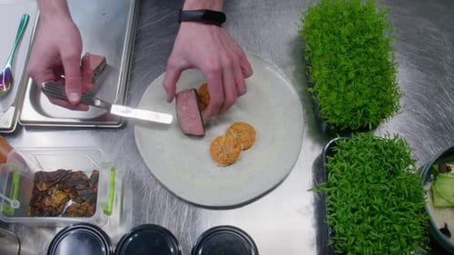 Chef Plating Gourmet Dish in Restaurant Kitchen