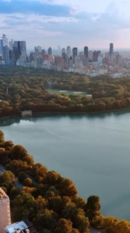 View of marvelous New York skyscrapers from the side of Central Park.