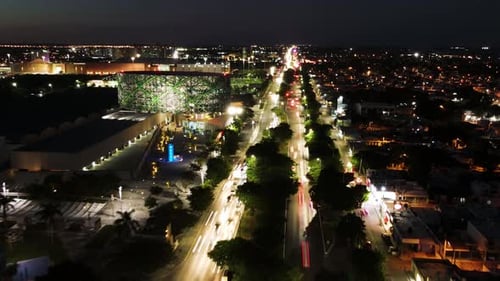 Aerial view of Merida cityscape at night with illuminated skyline, Mexico.