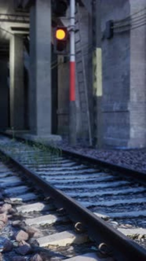 Old Abandoned Railway Track With Red Light