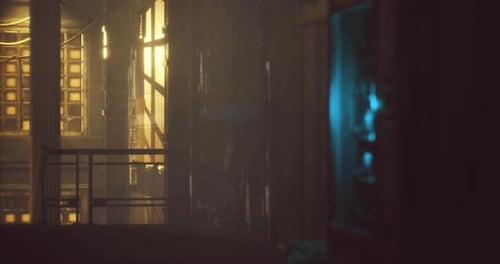 Mysterious Hallway Illuminated By Warm and Cool Lights at Night