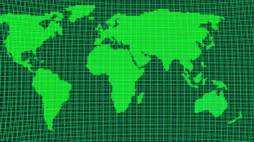 Green color neon world map made by circle particles on geometric line animation background. mz 131