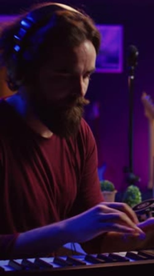 Musician Playing Keyboard with Headphones in Home Studio