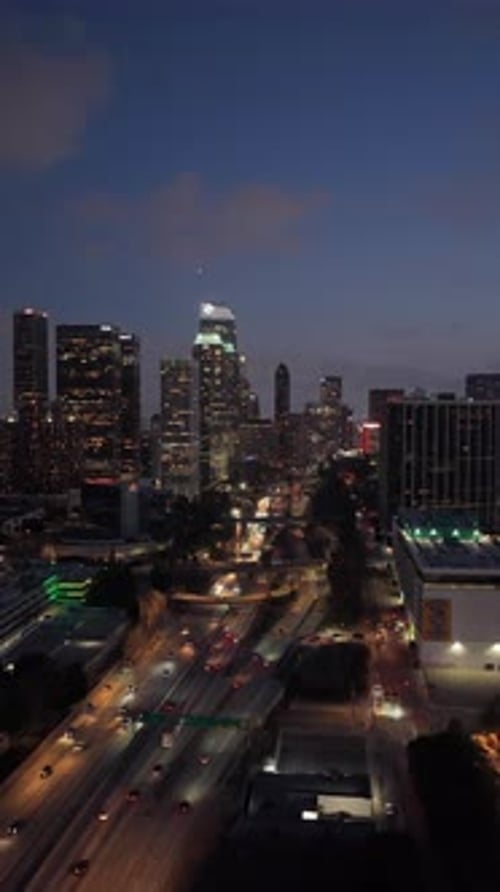 Urban Metropolis Showing Illuminated Skyscrapers in Downtown Los Angeles California with Busy