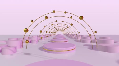 Abstract 3D Tunnel with Pink Platforms and Gold Spheres Animation