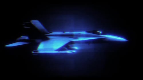 Futuristic Blue Neon Fighter Jet Hologram Glitch Animation