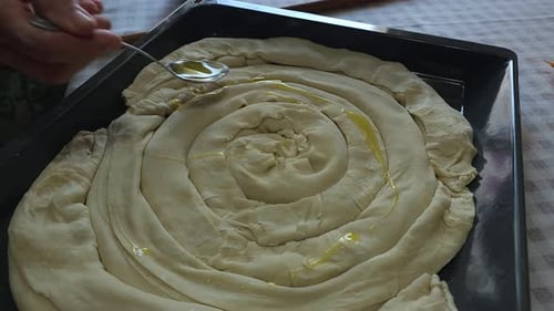 Traditional Pie Prepared, Covered with Butter, Ready for Baking - Balkans Culinary Delight Heritage