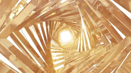 A spinning golden metal tunnel with walls of ribs and lines in the shape of a square with reflection