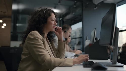 Call Center And Helpful Customer Service. Use Pc Computer And Answer Questions On The Phone Line ...