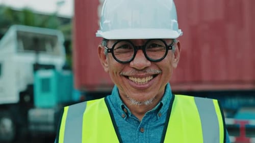 A Smiling Man in a Hard Hat and Safety Vest Stands in Front of a Cargo Container